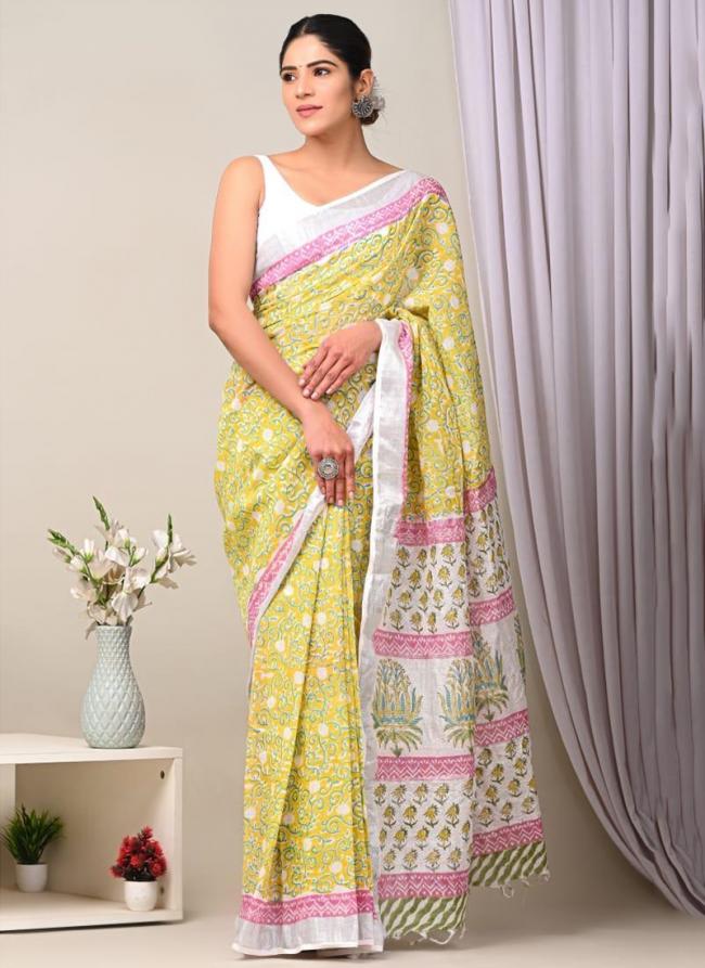 Pure Linen Cotton Lemon Yellow Casual Wear Pure Hand Work Saree